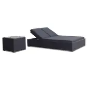Outdoor Breeze Wicker Double Sun Lounge With Side Table - Charcoal with Denim