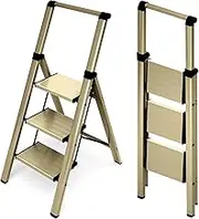HillhutApex 3 Step Foldable Aluminum Step Ladder with Handgrip, Anti-Slip Pedal, 330 lbs Capacity, Lightweight & Portable for Home, Kitchen, Office, Garage (Gold)