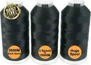 Set of 3 Black Polyester Embroidery Thread 5000M Spools for All Machines