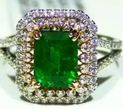 2.71CT 18K Gold Natural Round Cut Emerald Halo Diamond Vintage Engagement Ring
