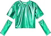 [Perfashion] Girls Metallic Shirts with Arm Sleeves, Shiny Crop Top for Dancing, Raves, Festivals, Costumes 4-15 Years
