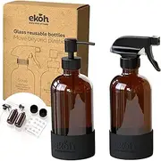 EKOH Amber Glass Bottles 500ml Set of 2 Refillable Spray & Pump Reusable Bottles with Silicone Base