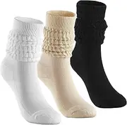 [Shanmeidㅤ] 3 pairs Slouch Sock Scrunch Socks Retro Knee for Women,Soft Stack Chunky Cozy Boot Slouchy Scrunchie Socks,High Sock Size 6-11(black, white and khaki)