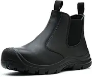 [Epochsaga] Men's Steel Toe Work Boots Chelsea Safety Boots Leather Slip On Waterproof Lightweight Work Boots