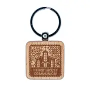 First Holy Communion Cute Chapel Floral Scalloped Engraved Wood Square Keychain