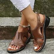 OMIREL Sandals for Women Summer Premium Orthopedic Walking Slippers with Arch Support Faux Leather Vintage Wedge Sandal Fish Mouth Sandals Hook and Loop Open Toe Beach Sandals,Brown,US8/EU39