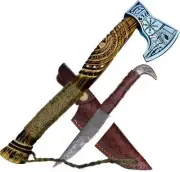 Viking Axe 52 CM with Raban Head Knife 2-in-1 Set Hand Engraved Oak Wood Handle