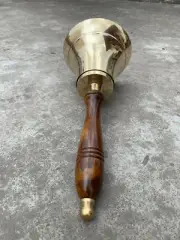 Handmade Large Heavy Solid Brass Finish HandBell With Brown Finish Wooden Handle