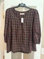 New LOFT V Neck Button Ruched Sleeve Plaid Soft Rayon Pullover Blouse Large