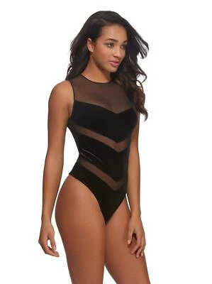 Felina Jezebel Women Marabelle Mesh and Velvet Bodysuit Black Size L