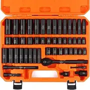 [HORUSDY] 50-Piece 3/8" Drive Impact Socket Set, Standard SAE (5/16 to 3/4 inch) and Metric (8-22mm) Size, 6 Point, Cr-V, 3/8-Inch Drive Ratchet Wrench, Drive Extension Bar, Impact Universal Joint