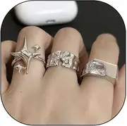 [GIGB PBDK] Silver Irregular Rhinestone Star Ring Set for Teen Girls Chunky Square Cross Signet Ring Set Open Adjustable Knuckle Star Ring Girl Jewelry Gift