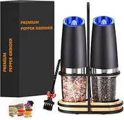 Gravity Electric Pepper and Salt Grinder Set, with Brush, Blue LED Light Effect Electric Salt & Pepper Mill Sets, Adjustable Coarseness,Battery Driven, One Hand Automatic Operation (2 Black+Base)
