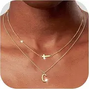 [Dochais] Layered Gold Necklaces for Women Trendy Dainty Cross Choker Necklace 14k Gold Plated Stack Initial Statement Pendant Chain Necklace