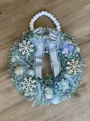18" Handmade Vintage Ornament Wreath Snowman Santa Blue Silver Tinsel Christmas