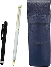 SASL-ALB-WD002-W Grain Leather Pen Case Blue Metal Touch Stick Black and Epoxy Rotating Ballpoint Pen Set White