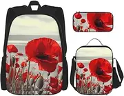OUSIKA Red Poppy Flower 3 Pcs Print Backpack Sets Casual Daypack with Lunch Box Pencil Case for Women Men