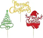 Whaline 48Pcs Christmas Cupcake Toppers 3 Design Glittery Cake Topper Xmas Tree Snowman Merry Christmas Party Table Centerpiece Food Picks Cupcake Decoration Supplies for Christmas