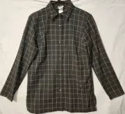 Vintage 100% Merino Wool womens long sleeve collar Button Up Gray White Check