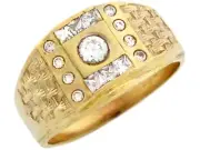 10k or 14k Yellow Gold Mens CZ Cluster Ring Wtih Basket Weave Detail on Sides