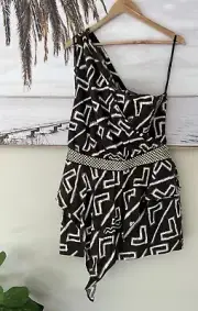 SASS & BIDE Brown One Shoulder The Explorer Arrow Print Dress Size 14 BNWT