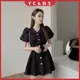 YC女神館🔥立體浮雕法式洋裝女夏季V領小個子韓版泡泡袖氣質露背短裙子 TH5M