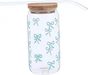 OHPHCALL Adorable Bow Detail Glass Cups with Lids and Straws High Temperature Resistant Drinking Glasses Clear Glass Tumbler for Coffee Juice and Iced Beverages for Home
