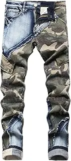 [SWJGLITTR] Mens Patchwork Camouflage Jeans Straight Patches Biker Denim Pants Relaxed Fit Vintage Pocketed Jean