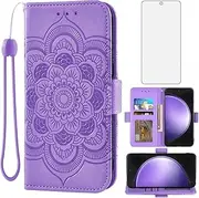 [Asuwish] Phone Case for Samsung Galaxy S23 FE 5G Wallet Cover with Tempered Glass Screen Protector and Leather Flip Credit Card Holder Stand Lanyard Cell Accessories S 23 EF S23FE 23S Women Men Purple