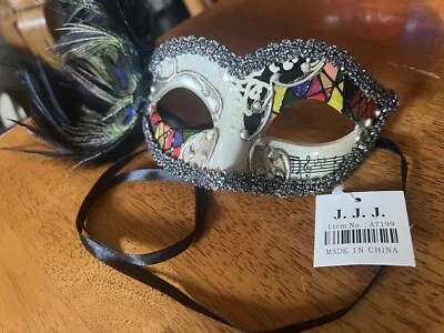 Silver MULTI-COLOR MASQUERADE MASK WITH MUSICAL NOTES & Peacock Feathers NWT!!