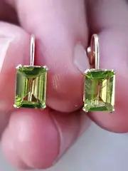Peridot Labcreated Octagon Cut Leverback Earrings 14kt Solid Yellow Gold