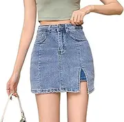 [Generic] Bloomy Jean Skorts,Woman High Waisted Casual Stretchy Denim Skirt Side Split Mini Skirts