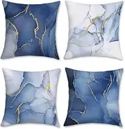 Bonhause Set of 4 Velvet Marble Blue & Gold Modern Square Decorative Pillow Covers for Sofa, Bedroom, Living Room, Office & Car (45cm x 45cm, Navy Blue, 4 Count)