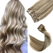 Human Hair Clip in Extensions With Dirty Blonde Highlights 20 inch 7 Pieces 70 Gram Silky Straight Weft Remy Human Hair (20 inches, 18-613)
