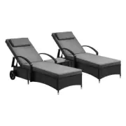 Livsip 2x Wheeled Sun Lounger & Table Outdoor Set Black