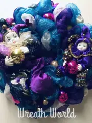 PURPLE JESTER WREATH NEW HANDMADE PLAYFUL MOTHER CHILD MARDI GRAS TURQUOISE