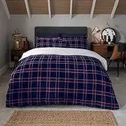 Sleepdown Check Printed Flannel Fleece with Sherpa Reverse Thermal Warm Cosy Super Soft Duvet Cover Quilt Bedding Set with Pillow Cases-King (220cm x 230cm) -Navy, Polyester