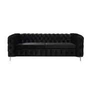 3 Seater Sofa Classic Button Tufted Lounge in Black / Grey Velvet Fabric with Metal Legs
