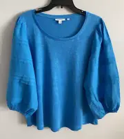 Chico's 100% Linen Blouse Top 3/4 Balloon Sleeve Casual Blue Size 2 / Large NWT