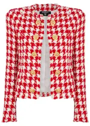 Balmain Houndstooth Tweed Jacket - Red - 40 (UK12 / M) 40 (UK12 / M)