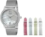 NEW GUESS SILVER,CRYSTALS,5 PC SET+BANDS,MESH BRACELET WATCH+JEWELRY BOX-U0785l1