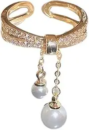 [Hebelee] Trendy Layered Imitation Pearl Chain Tassel Open Ring For Women Girls Gold Plated CZ Adjustable Statement Wrap Finger Band Rings Eternity Fashion Wedding Engagement Jewelry Dainty Valentine's Day