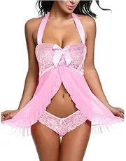 [UIVHLW] Stretch Chemise Lace Babydoll Dress Halter Strap Nightdress Pink