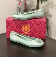 Tory Burch Minnie Travel Crinkled Metallic Leather Flats In Audrey Blue, US8
