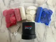 Plastic Poker Chips Red White & Blue, Black Snap On Tool Dice Cup + 5 Bonus Dice