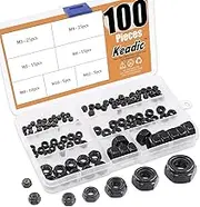 Keadic 100 Pieces Metric Black Zinc Plated Nylon Insert Lock Nuts Assortment Kit for Matching Screws or Bolts - 7 Sizes：M3 M4 M5 M6 M8 M10 M12