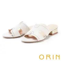 在飛比找Yahoo奇摩購物中心優惠-ORIN 造型洞洞真皮鑲金低跟真皮 女 拖鞋 白色