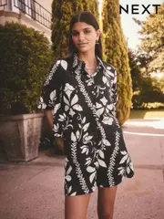 Black/White Floral Print Broderie Short Sleeve Button Down 100% Cotton Shirt (AD0163) | $66