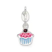 Sterling Silver Polished And Enameled Cupcake W/Garnet Charm