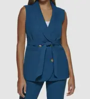 DKNY Sunny Disposition Business Office Vest Lapel Double Breasted Belted Teal 4
